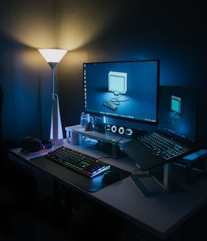 A stylish home office featuring a desktop, laptop, and ambient lighting. Ideal for tech professionals.