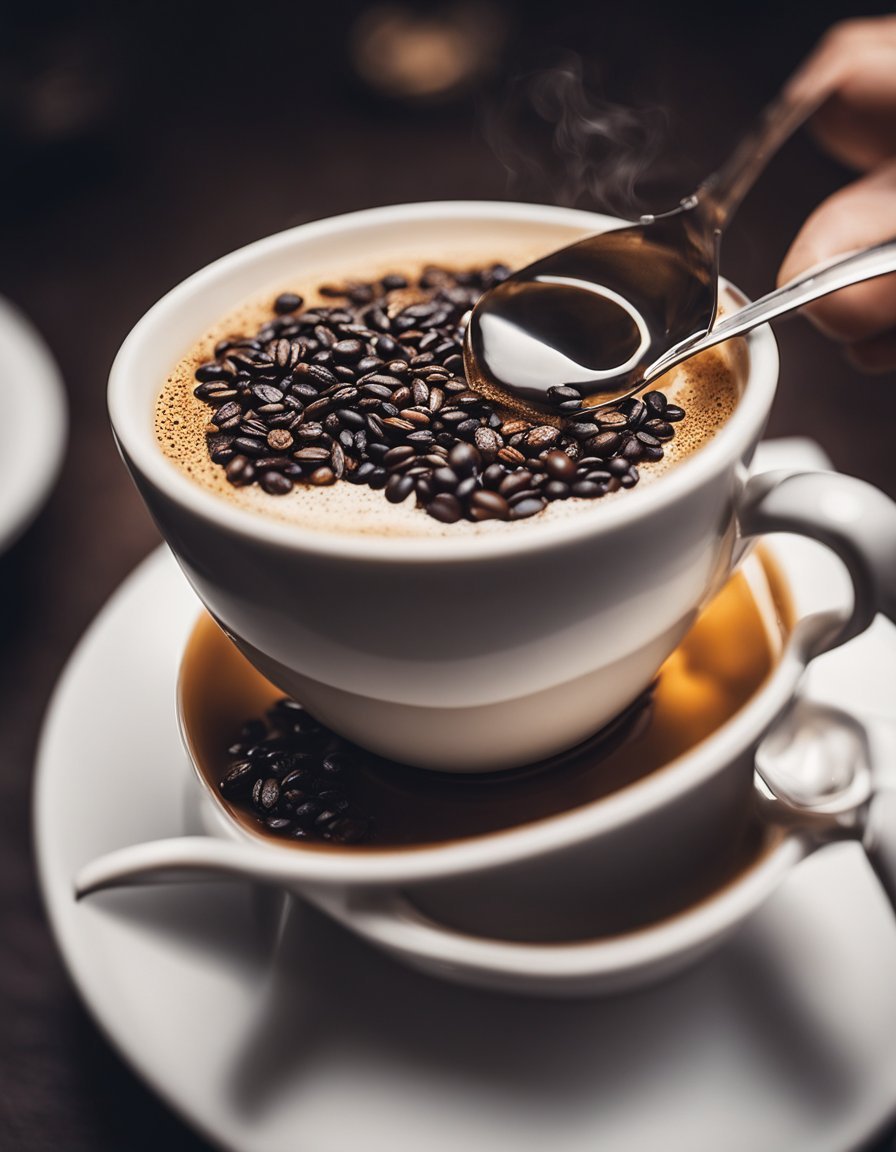 A person pouring Java Burn into a cup of hot water and stirring it with a spoon