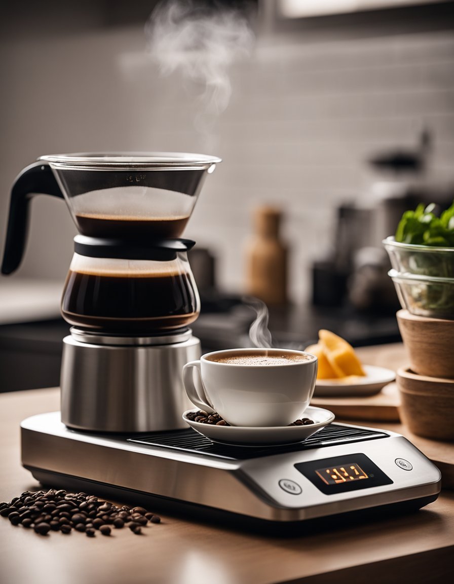 A steaming cup of Java Burn sits on a sleek kitchen counter, surrounded by fresh ingredients and a weight scale