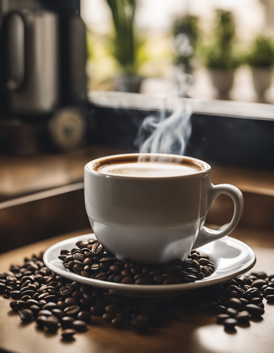 A steaming cup of Java Burn sits on a kitchen counter, surrounded by fresh coffee beans and a tape measure