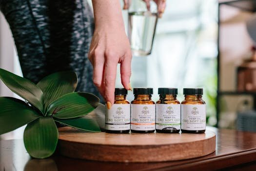 Close-up of CBD soft gel bottles with a hand picking one up. Indoor setting.